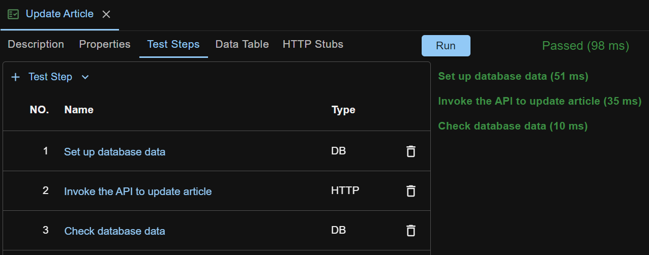 API Test Base test case run result — three steps (set up database data, invoke the HTTP API, check the database) all passed, shown in green with per-step timings
